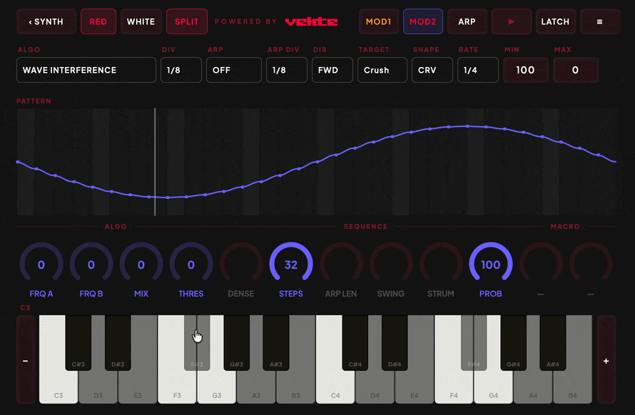 KURARE modulation page in motion: three LFOs and two generative MOD lanes driving parameters