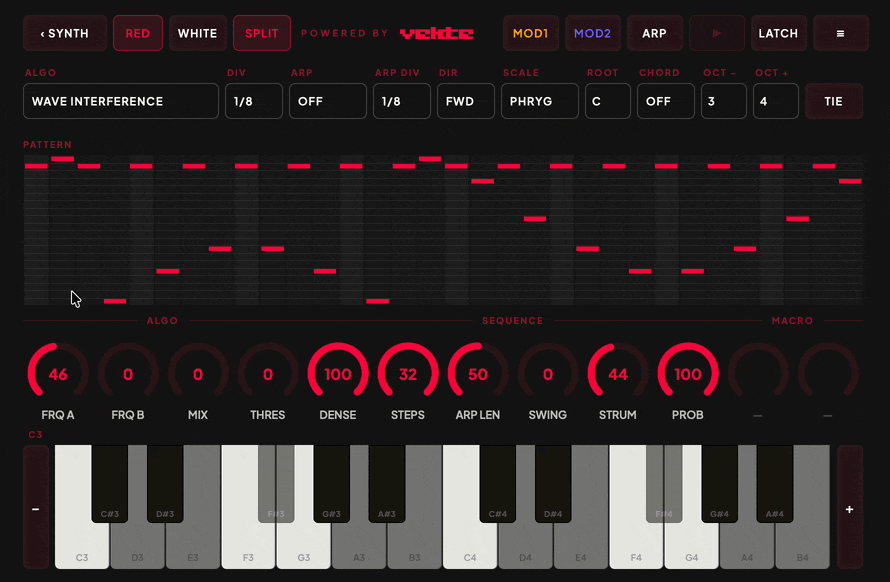 KURARE sequencer page in motion: the note grid playing through its pattern with scale and chord controls