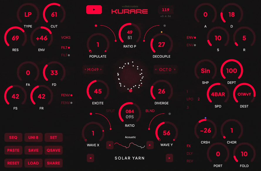 KURARE synth page in motion: the swarm disc breathing while the macro knobs, filter and envelopes move