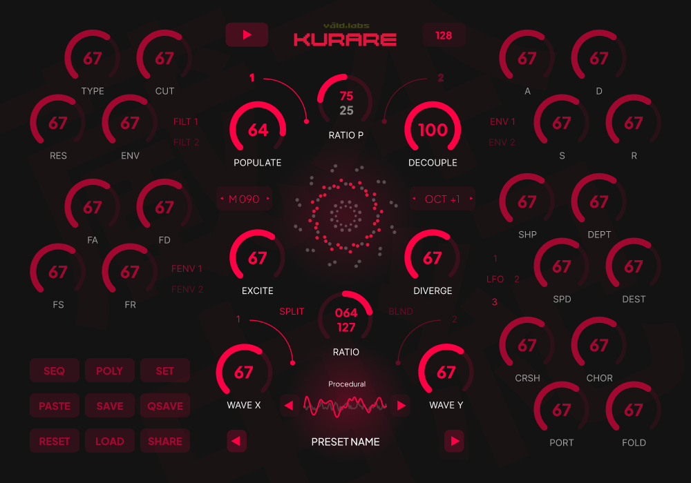 KURARE interface — swarm disc, per-swarm macro knobs, filter and envelope racks