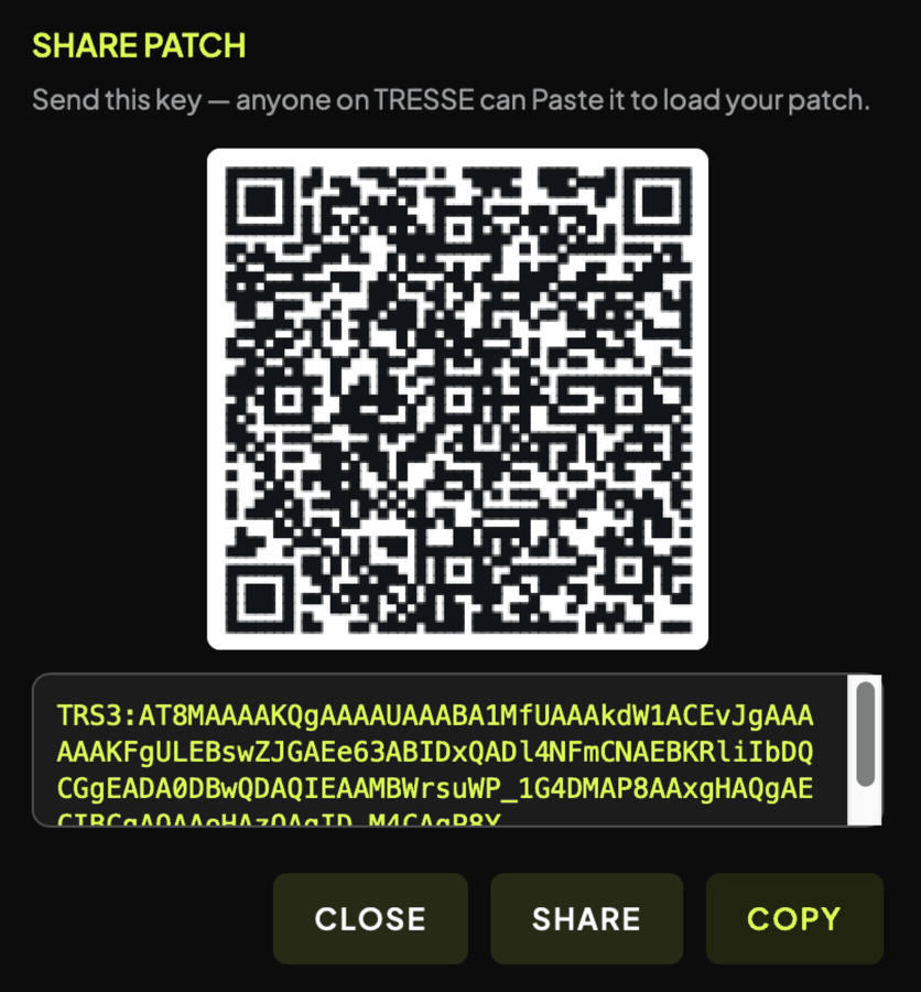 Tresse's Share Patch dialog, with a QR code and the corresponding text key